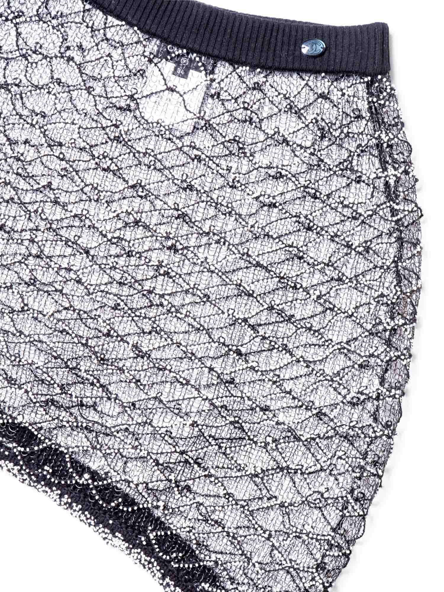 Chanel Logo Mini Asymmetric Mesh Beaded Skirt Black White