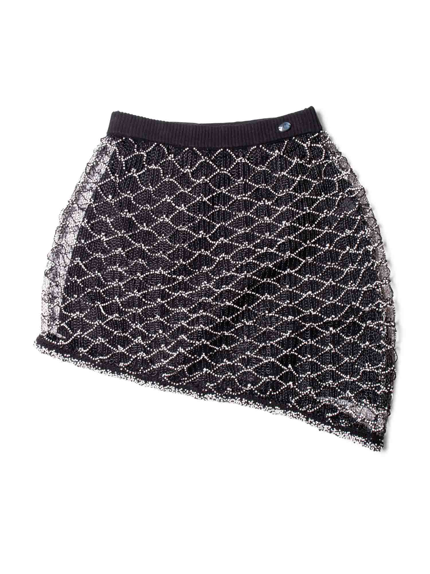 Chanel Logo Mini Asymmetric Mesh Beaded Skirt Black White