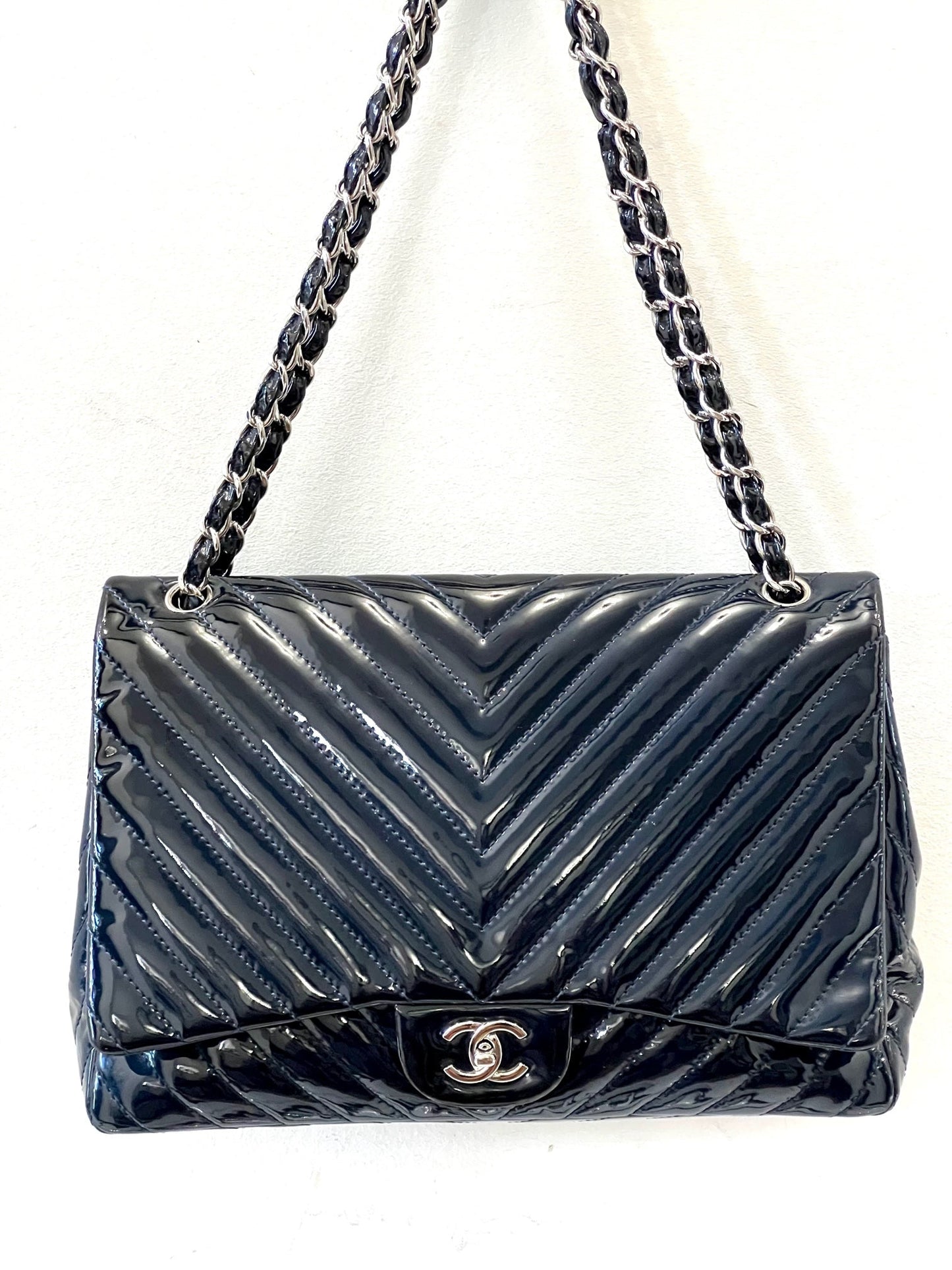 Chanel QUILTED CHEVRON MAXI FLAP -NAVY Blue Shoulder Bag