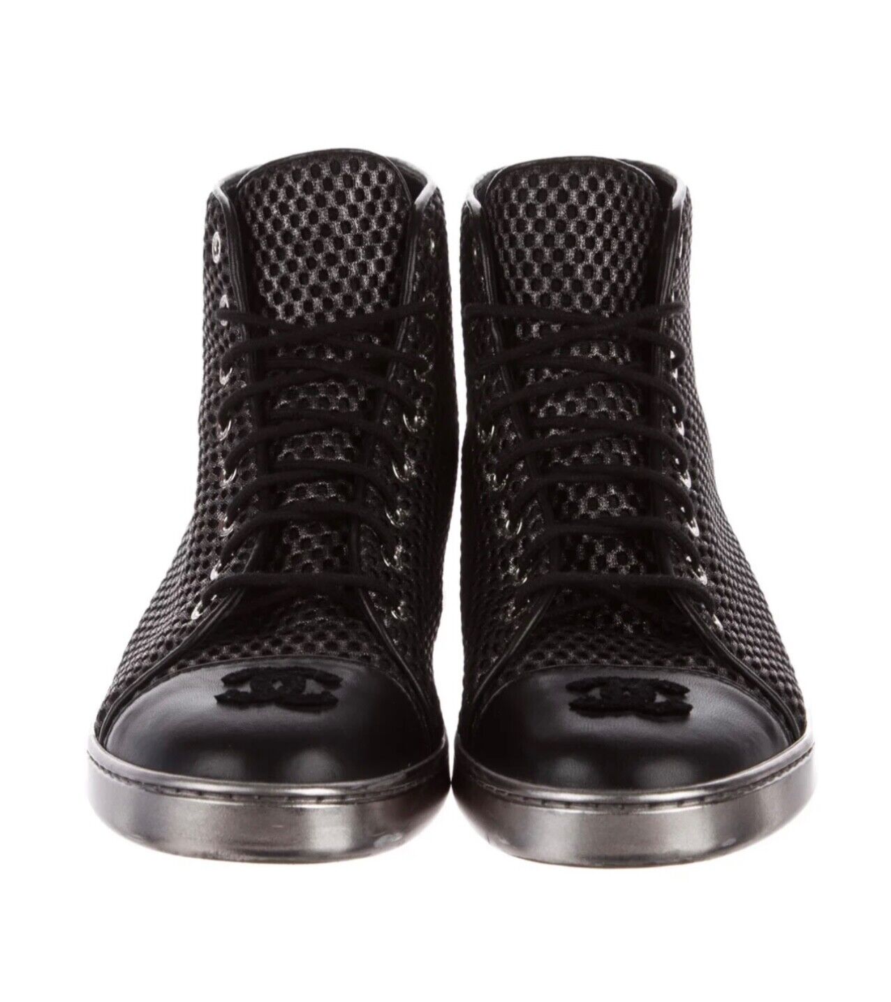 CHANEL CC METALLIC MESH LAMBSKIN HIGH-TOP SNEAKERS