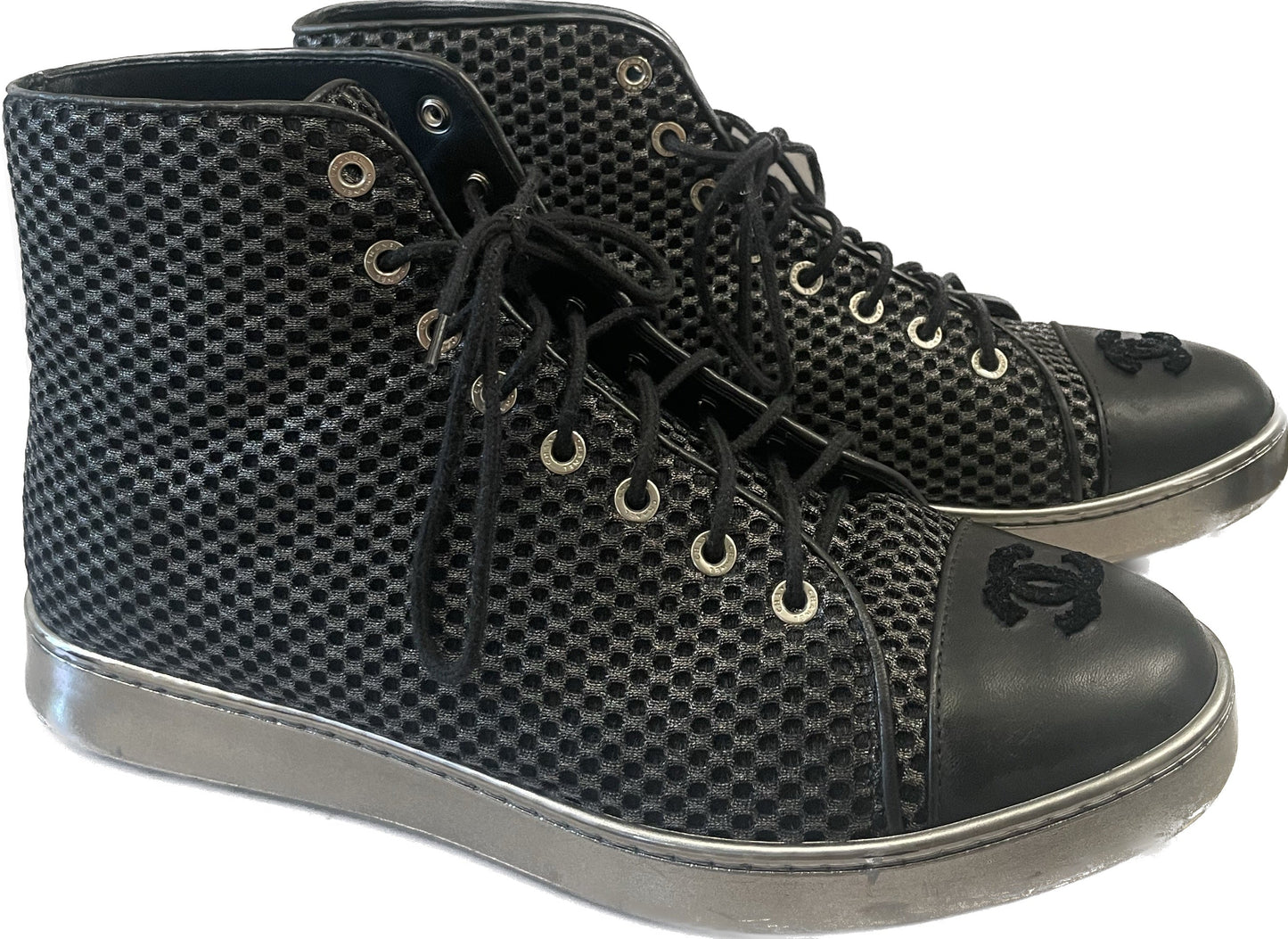 CHANEL CC METALLIC MESH LAMBSKIN HIGH-TOP SNEAKERS