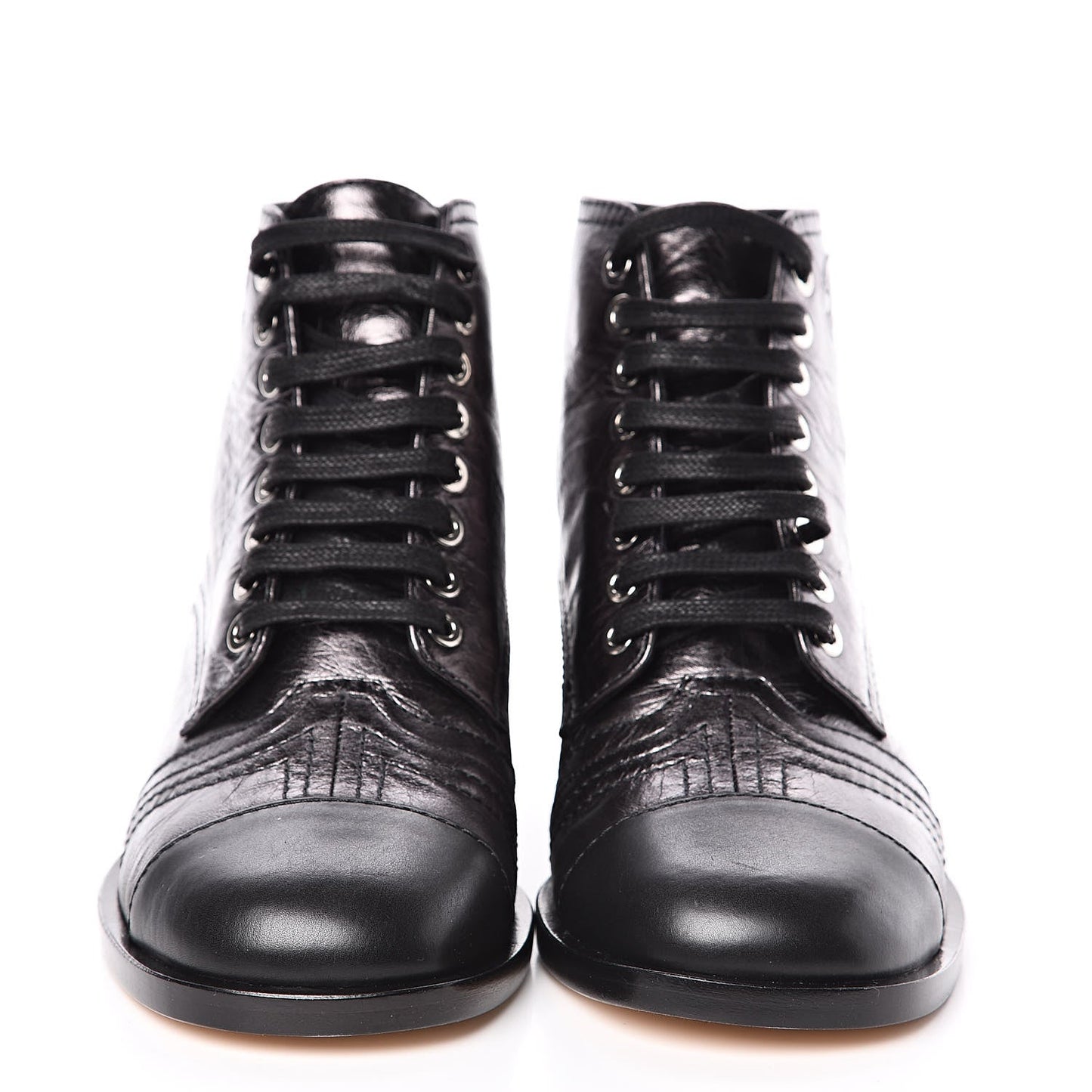 CHANEL CC METALLIC LACE UP COMBAT BOOTS