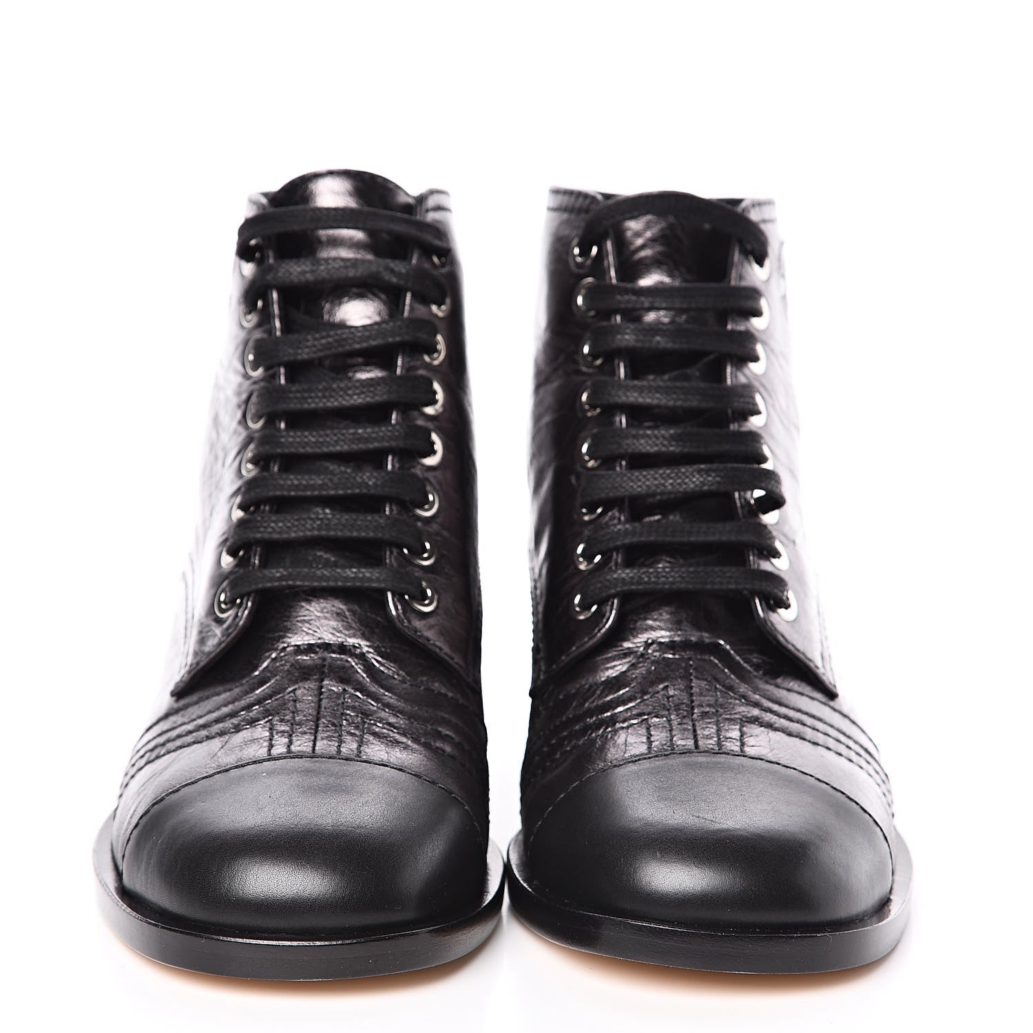 CHANEL CC METALLIC LACE UP COMBAT BOOTS