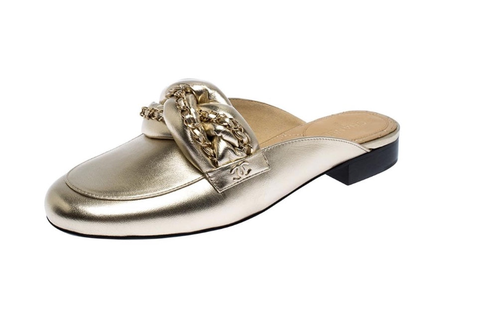 Chanel Metallic Lambskin Braided Chain Mules for Women