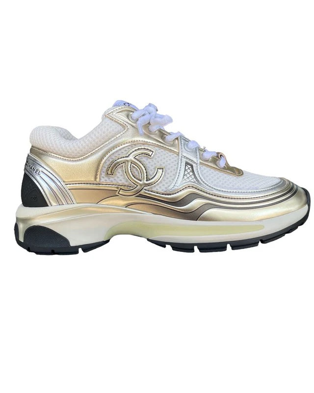 Chanel Mixed Fabric Metallic Laminated Calfskin CC Sneakers for Women