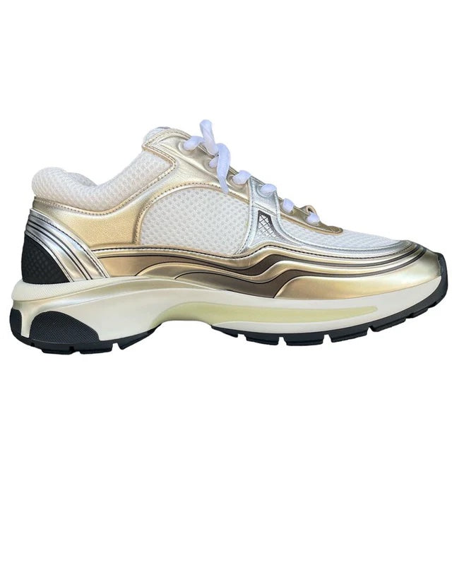 Chanel Mixed Fabric Metallic Laminated Calfskin CC Sneakers for Women