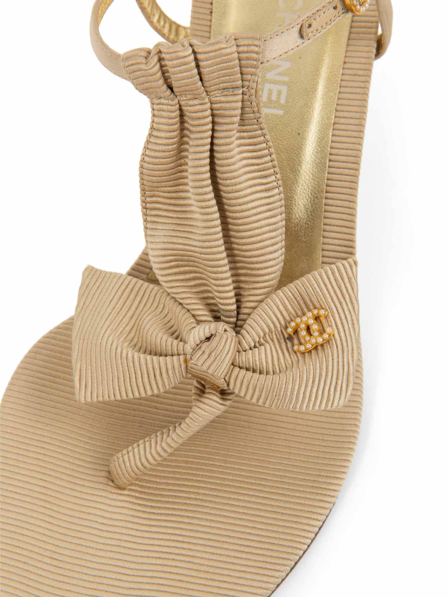 Chanel Pearl CC Logo Bow Kitten Heel Sandals Beige Gold