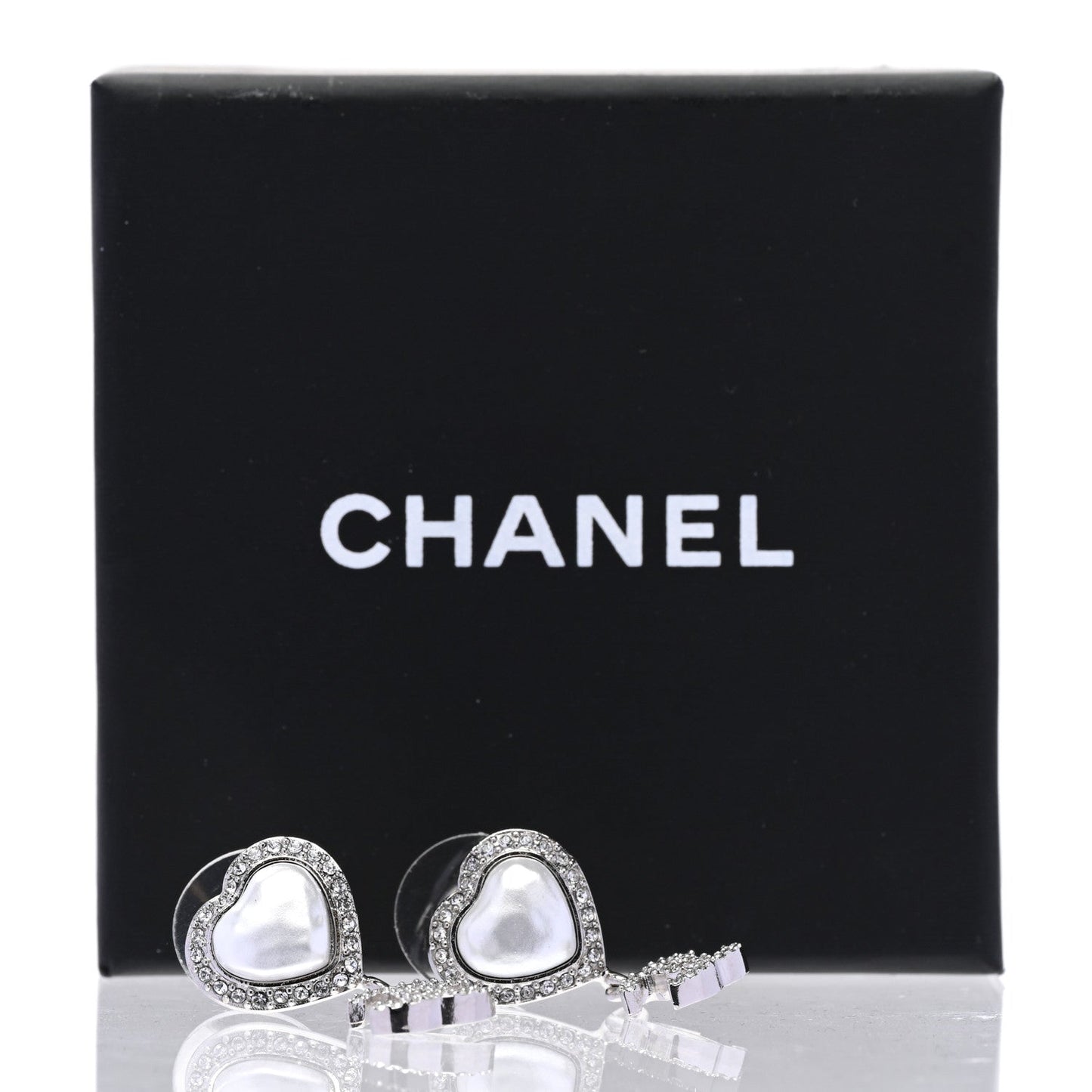 CHANEL PEARL CRYSTAL CC HEART DROP EARRINGS