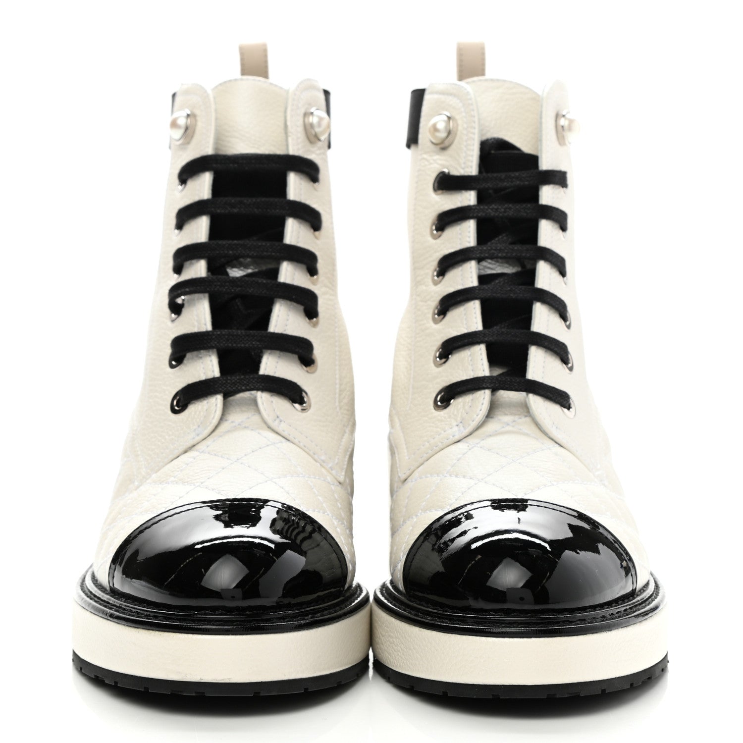 CHANEL PEARLY CALFSKIN QUILTED LACE-UP BOOTS