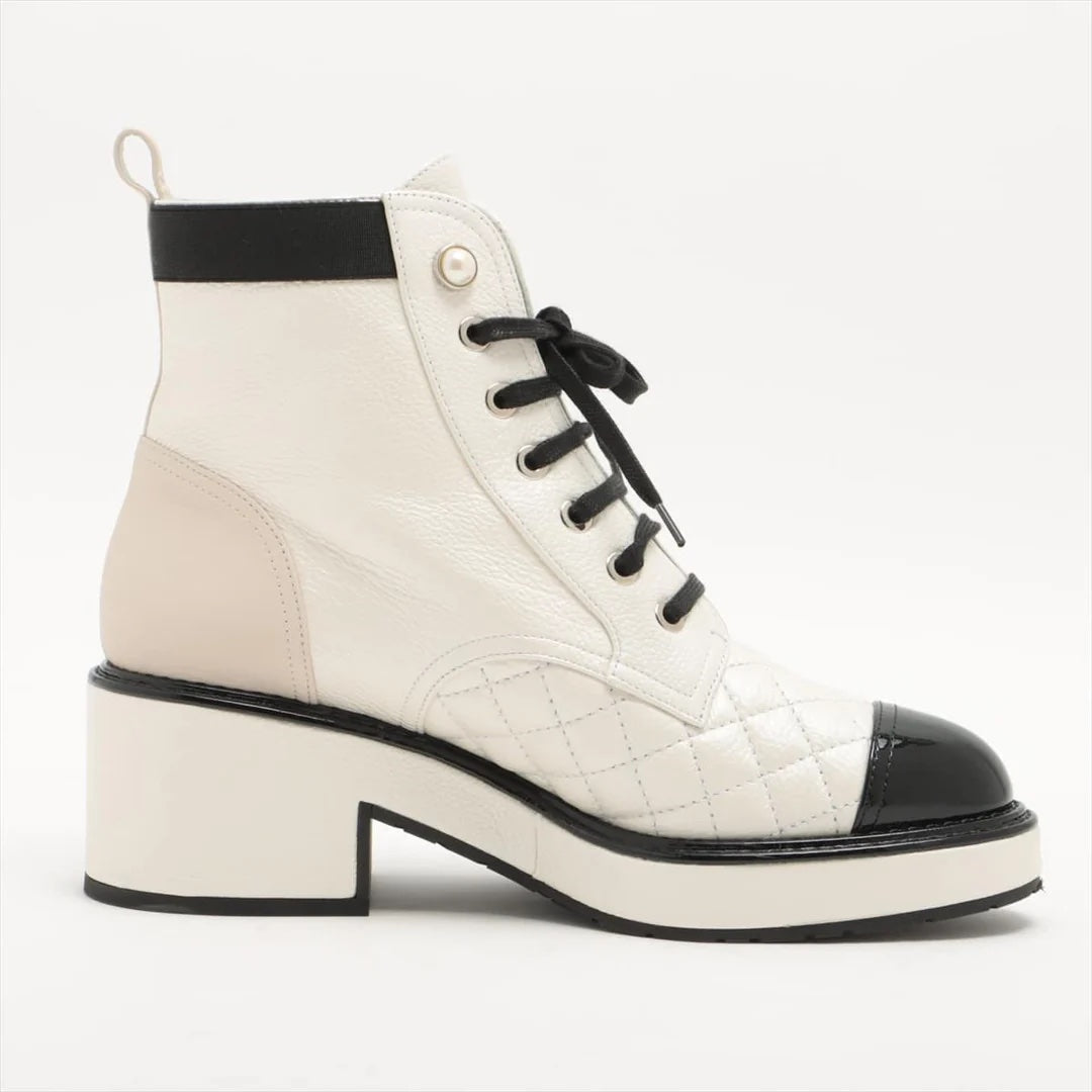 Chanel Pearly Calfskin Quilted Lace Up Boots for Women