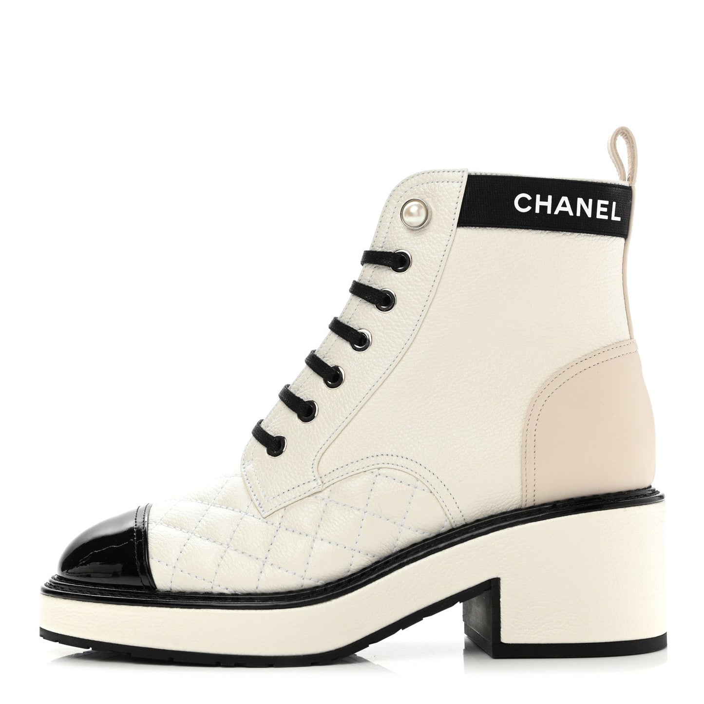 Chanel Pearly Calfskin Quilted Lace Up Boots for Women
