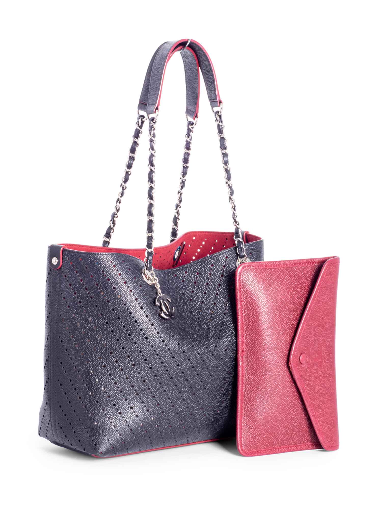 Chanel Perforated Caviar Leather CC Logo Shopper with Clutch Black Burgundy