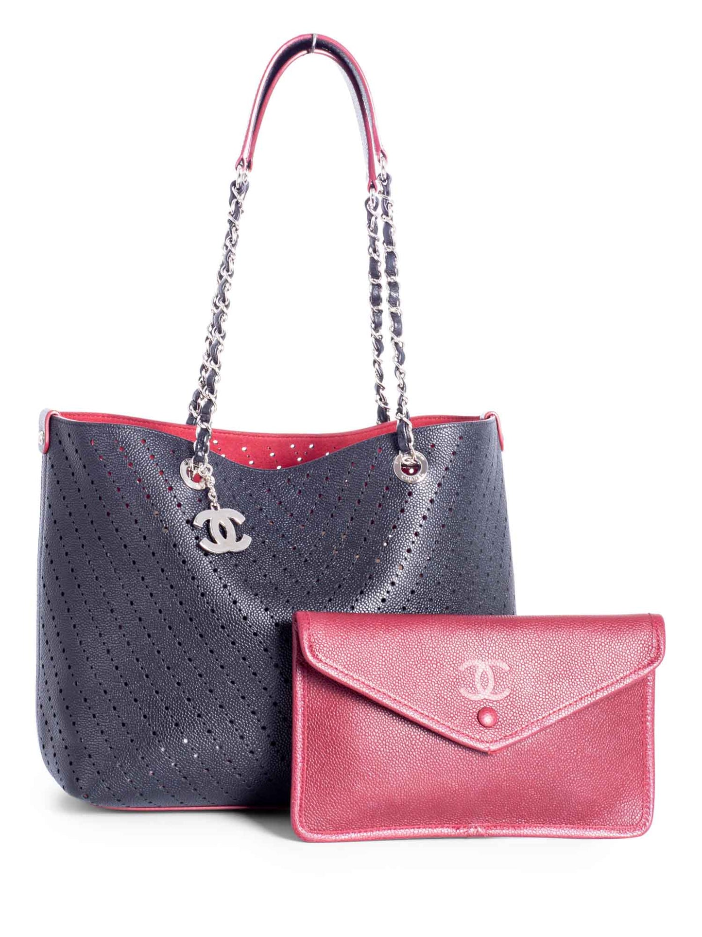 Chanel Perforated Caviar Leather CC Logo Shopper with Clutch Black Burgundy