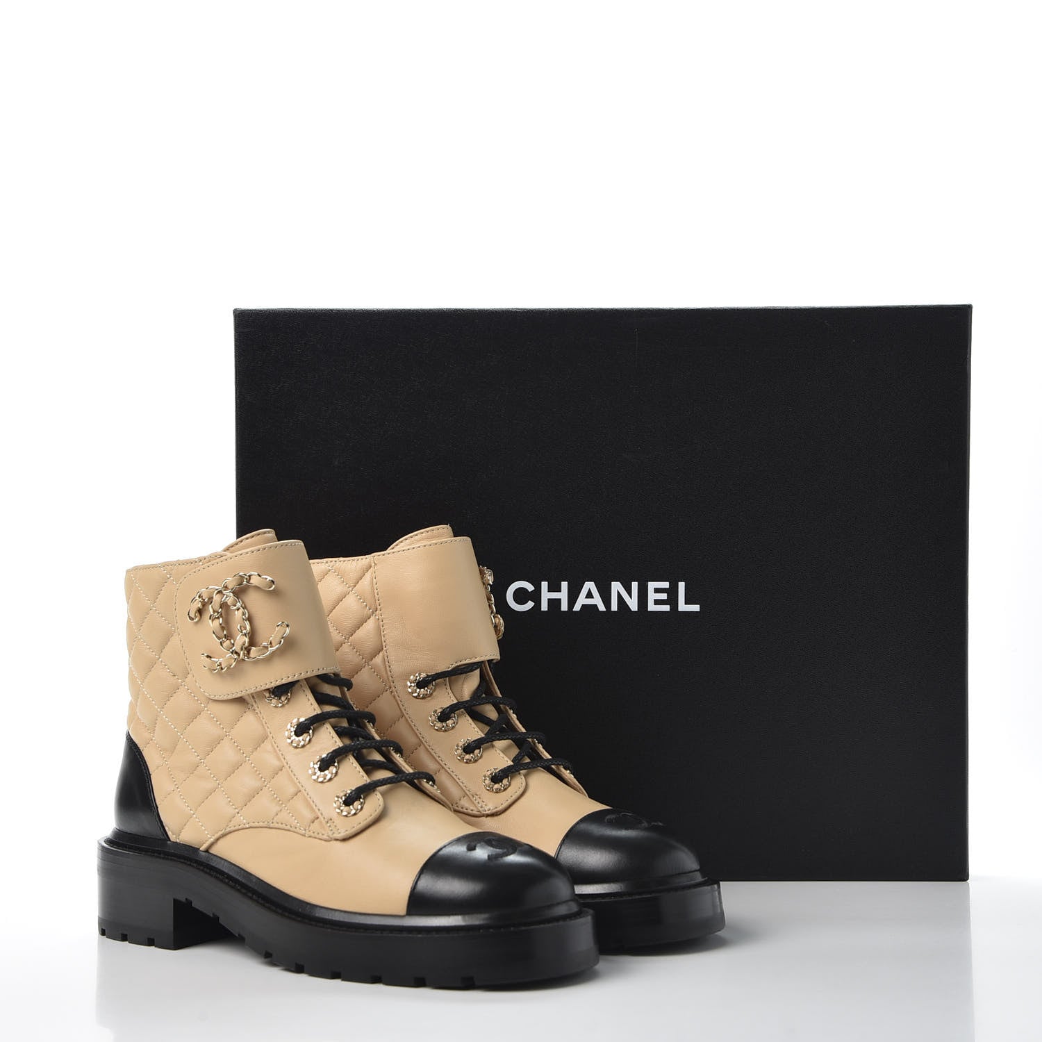 Chanel Quilted Lambskin CC Chain Combat Boots for Women