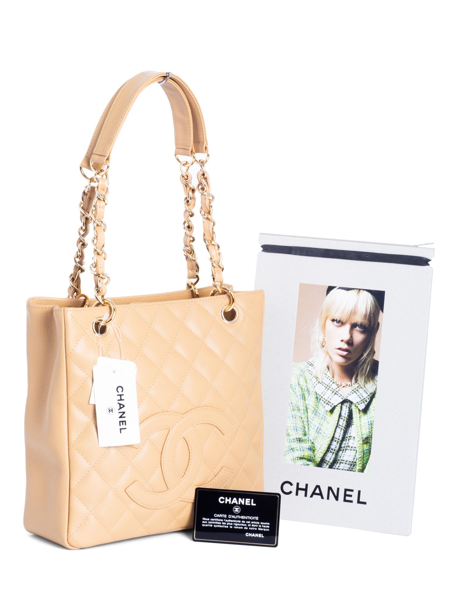 Chanel Quilted  Caviar CC Logo PST Shopper Bag Beige