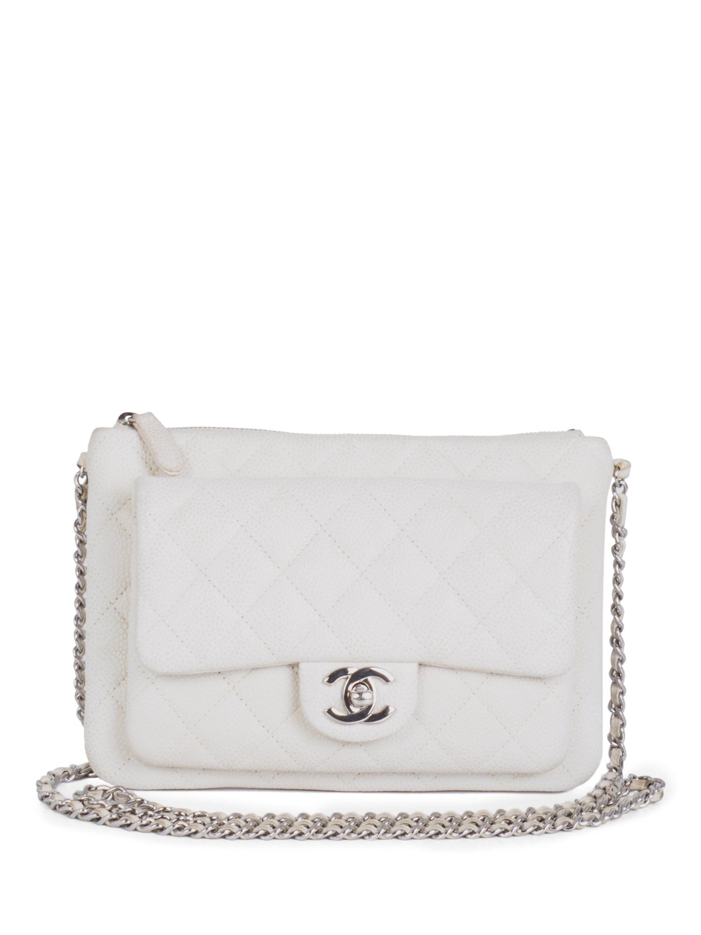 Chanel Quilted Caviar Leather CC Logo Flap Messenger Bag  White Silver