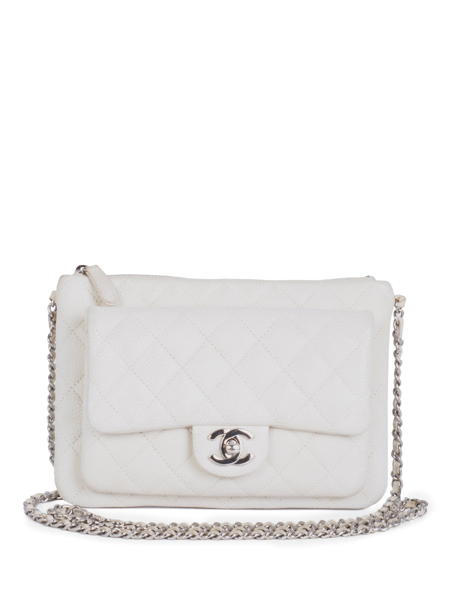 Chanel Quilted Caviar Leather CC Logo Flap Messenger Bag  White Silver