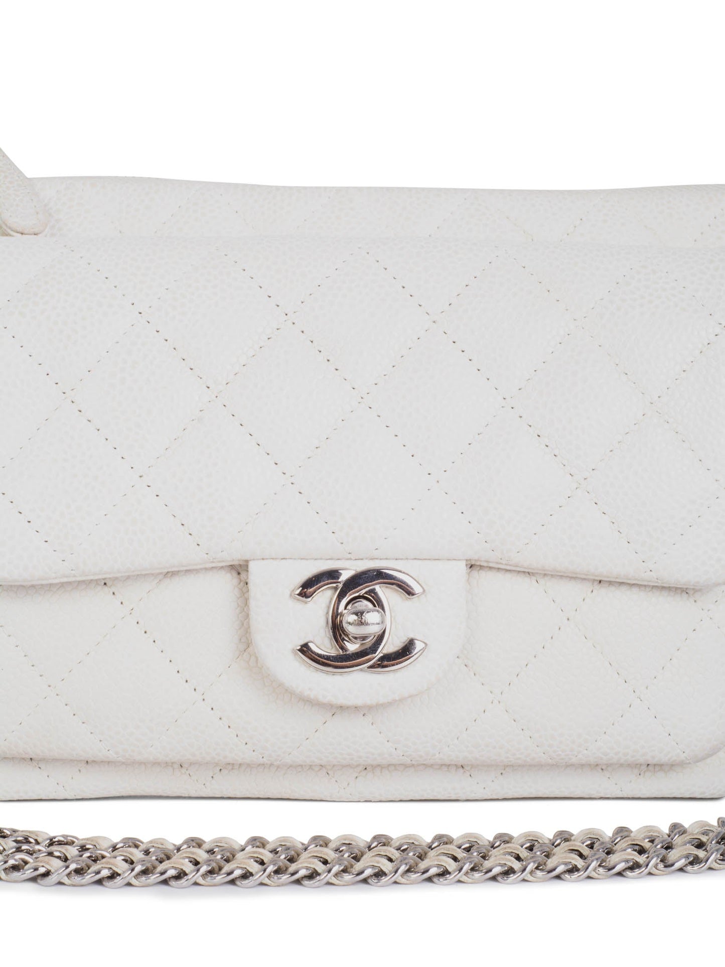 Chanel Quilted Caviar Leather CC Logo Flap Messenger Bag  White Silver