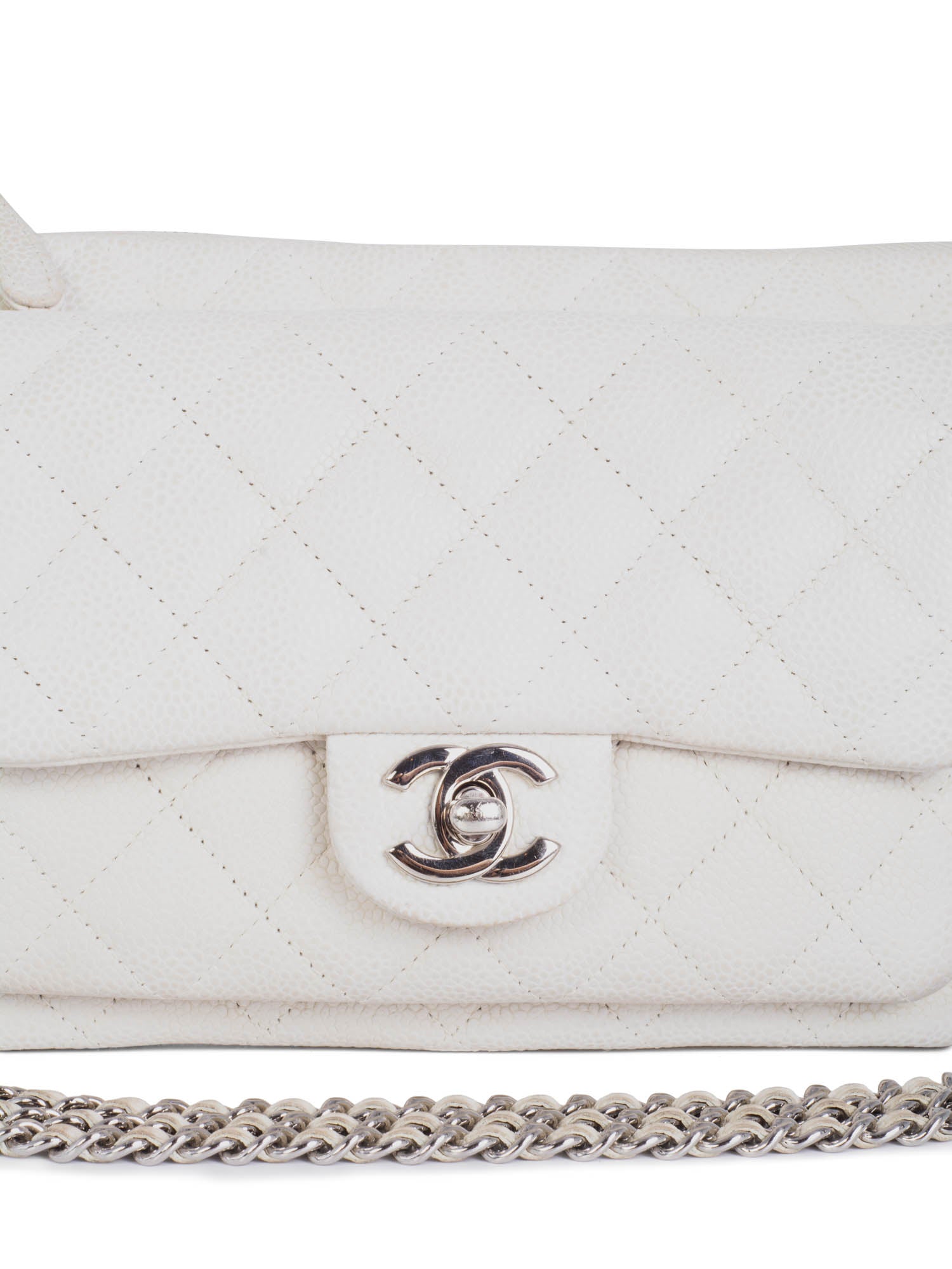 Chanel Quilted Caviar Leather CC Logo Flap Messenger Bag  White Silver