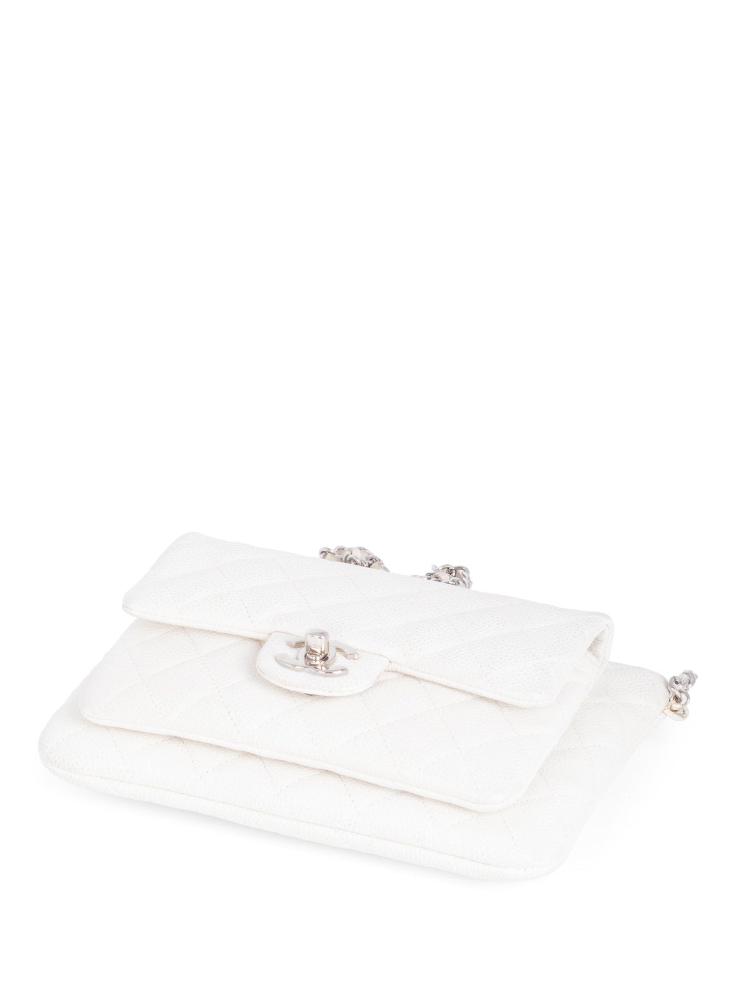 Chanel Quilted Caviar Leather CC Logo Flap Messenger Bag  White Silver