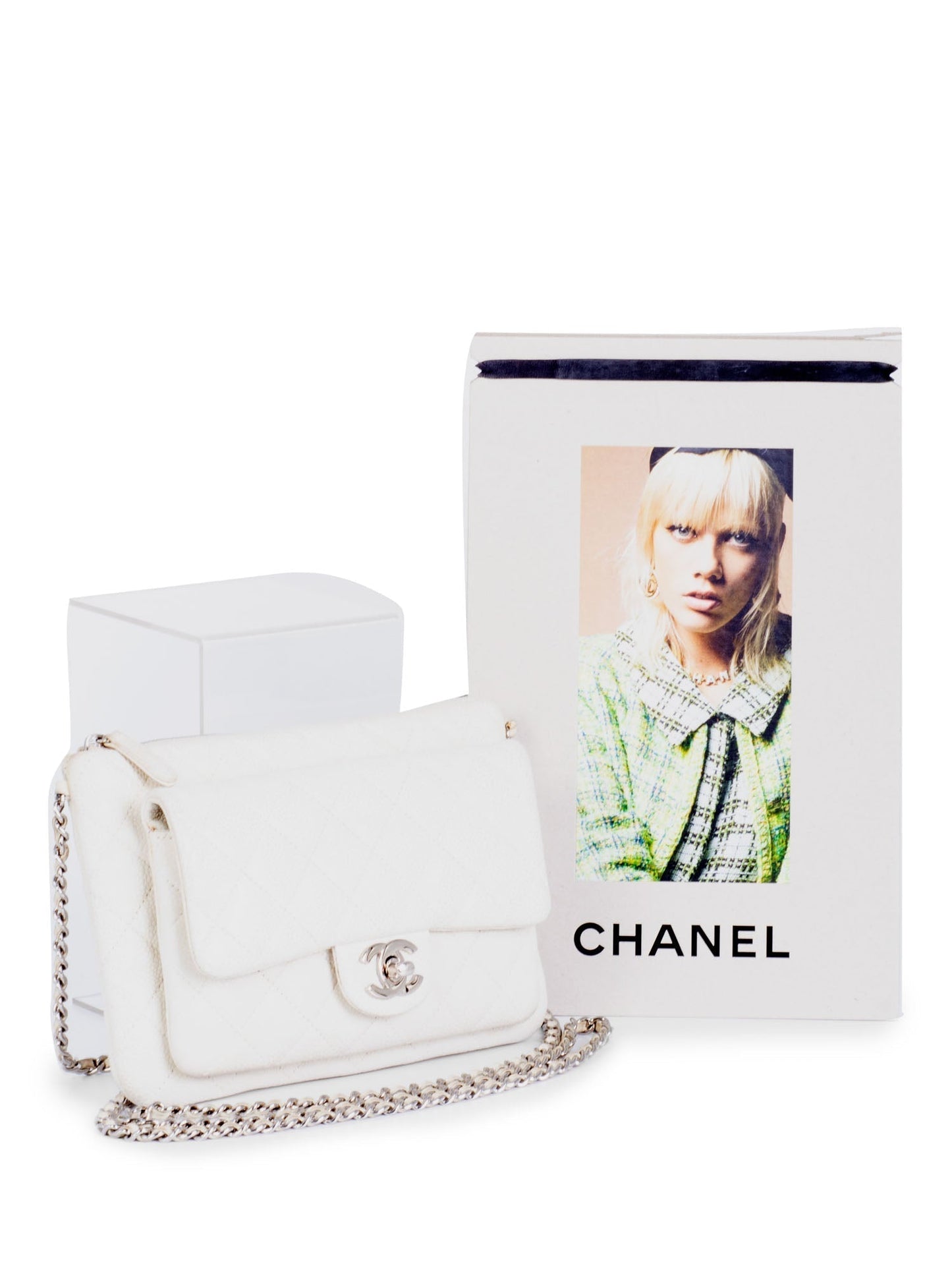Chanel Quilted Caviar Leather CC Logo Flap Messenger Bag  White Silver