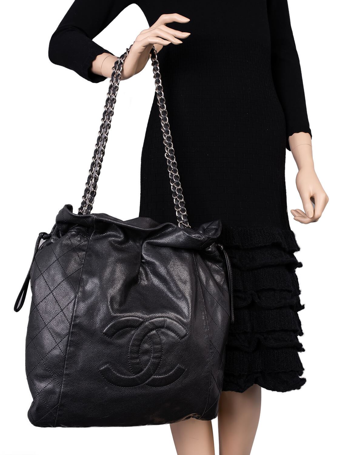 Chanel Quilted Caviar Leather CC Logo Large Shopper Bag Black