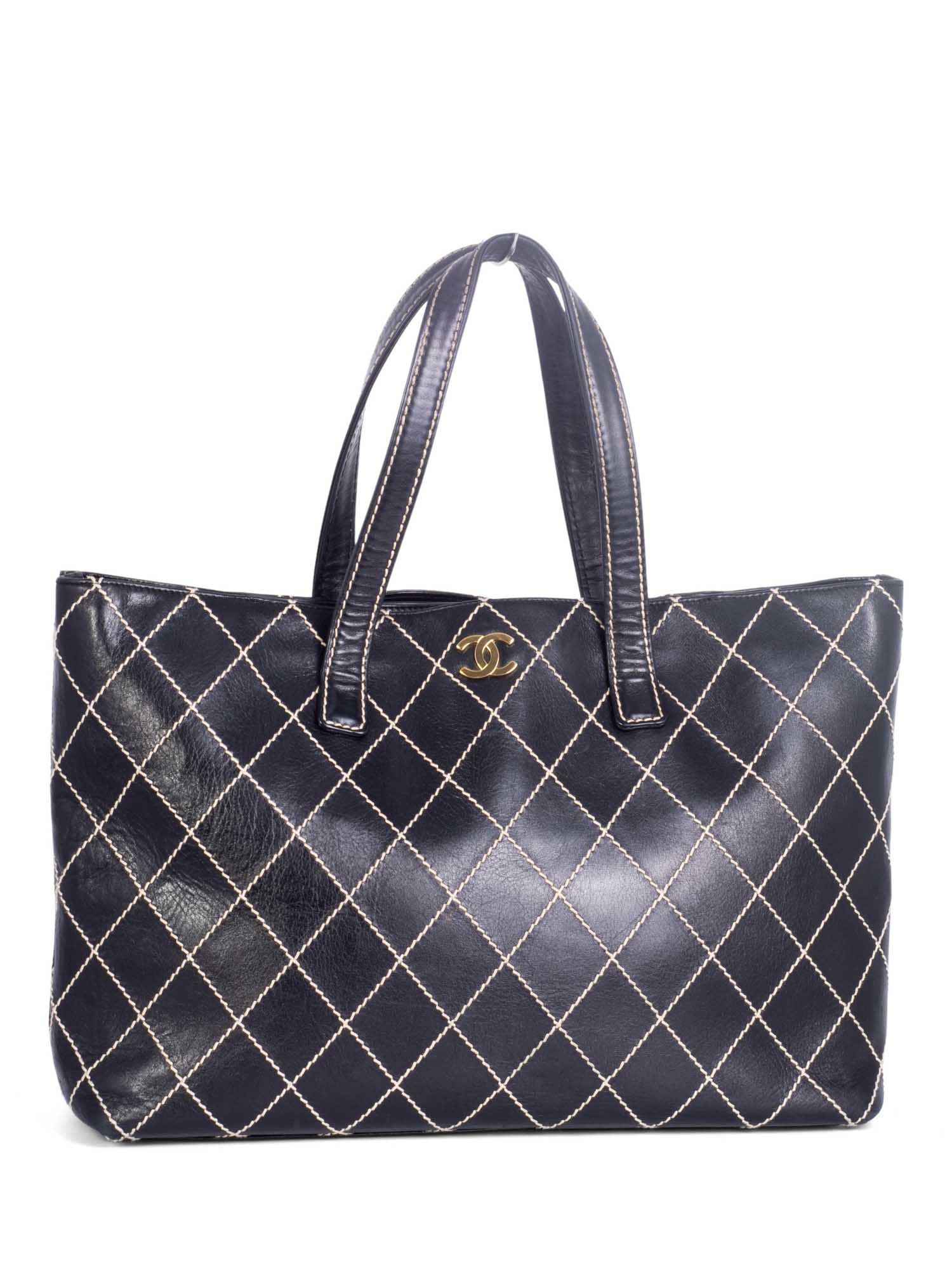 Chanel Quilted Leather CC Logo Wild Stitch Shopper Bag Black