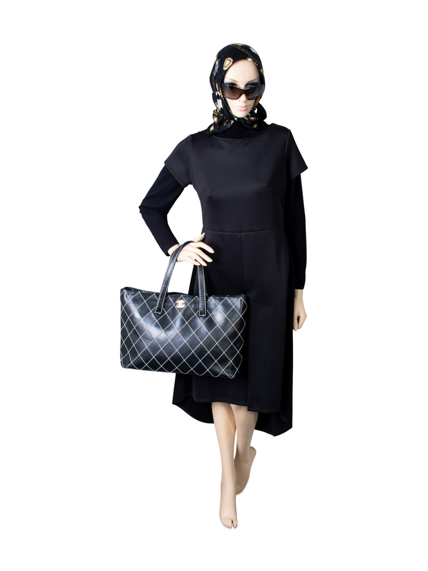 Chanel Quilted Leather CC Logo Wild Stitch Shopper Bag Black