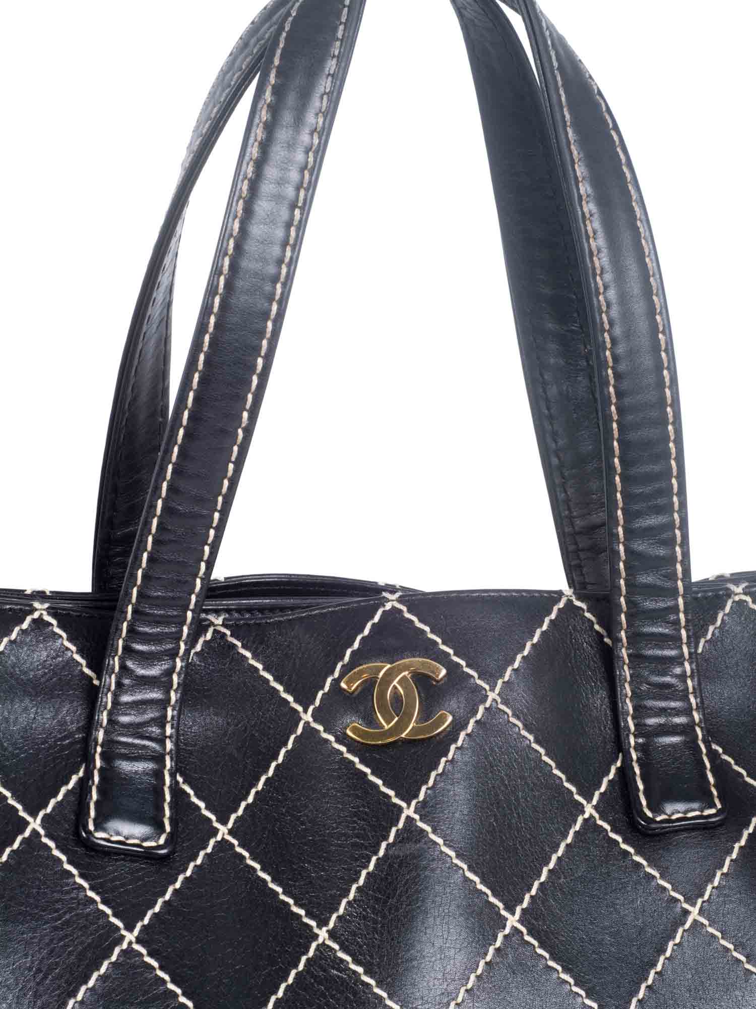Chanel Quilted Leather CC Logo Wild Stitch Shopper Bag Black