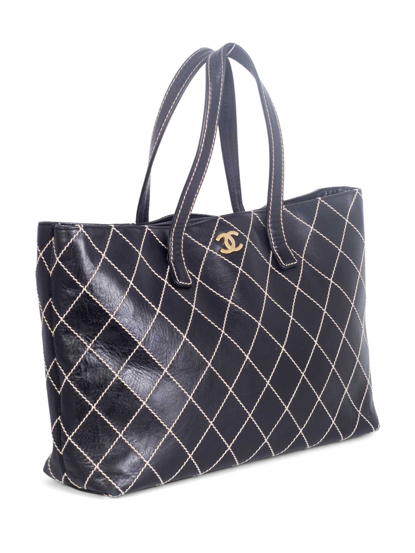 Chanel Quilted Leather CC Logo Wild Stitch Shopper Bag Black