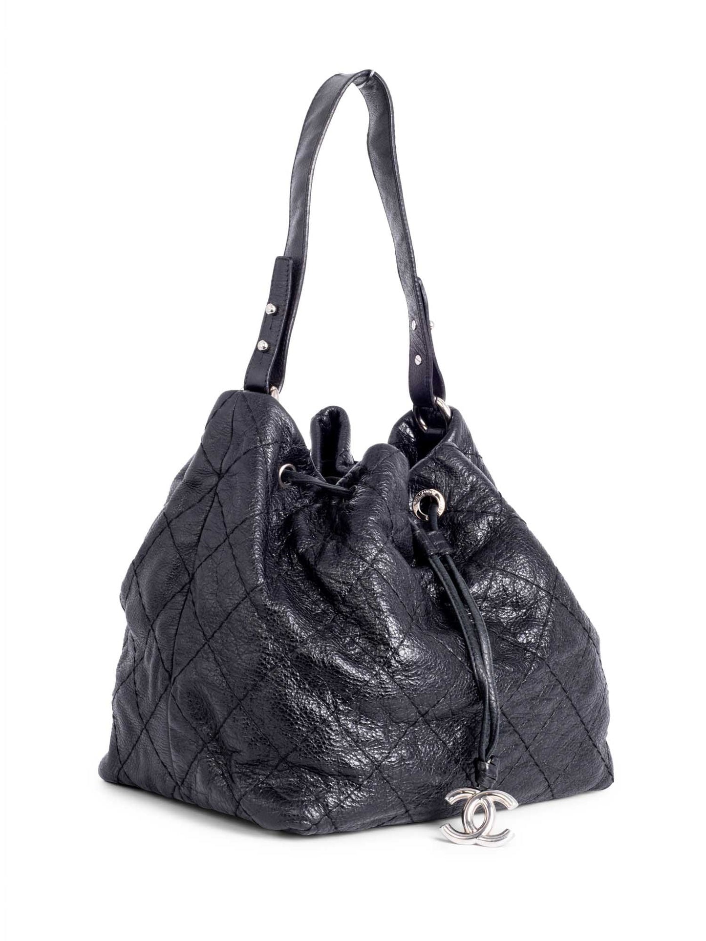 Chanel Quilted Leather Drawstring Large Bucket Bag Black