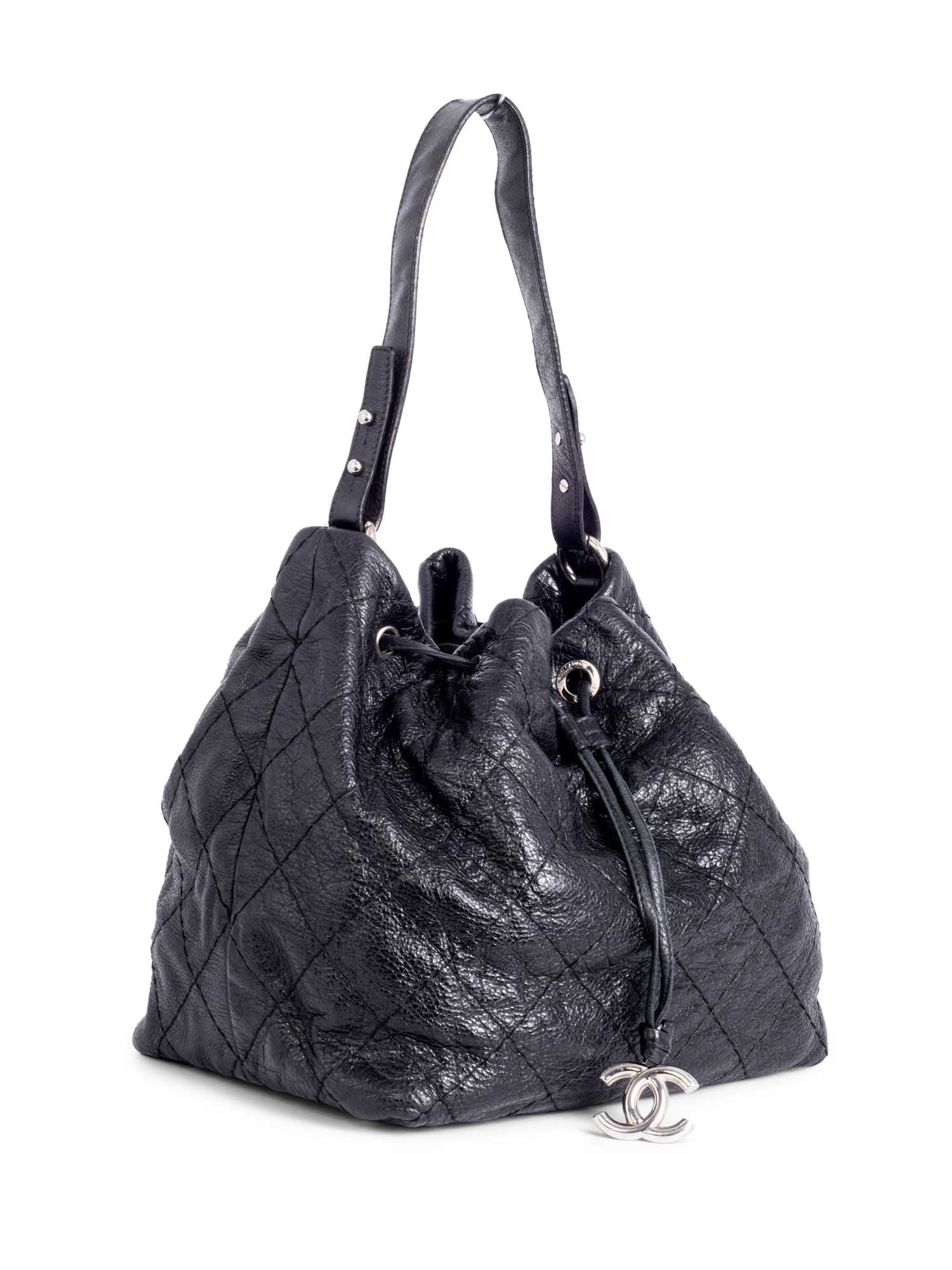 Chanel Quilted Leather Drawstring Large Bucket Bag Black