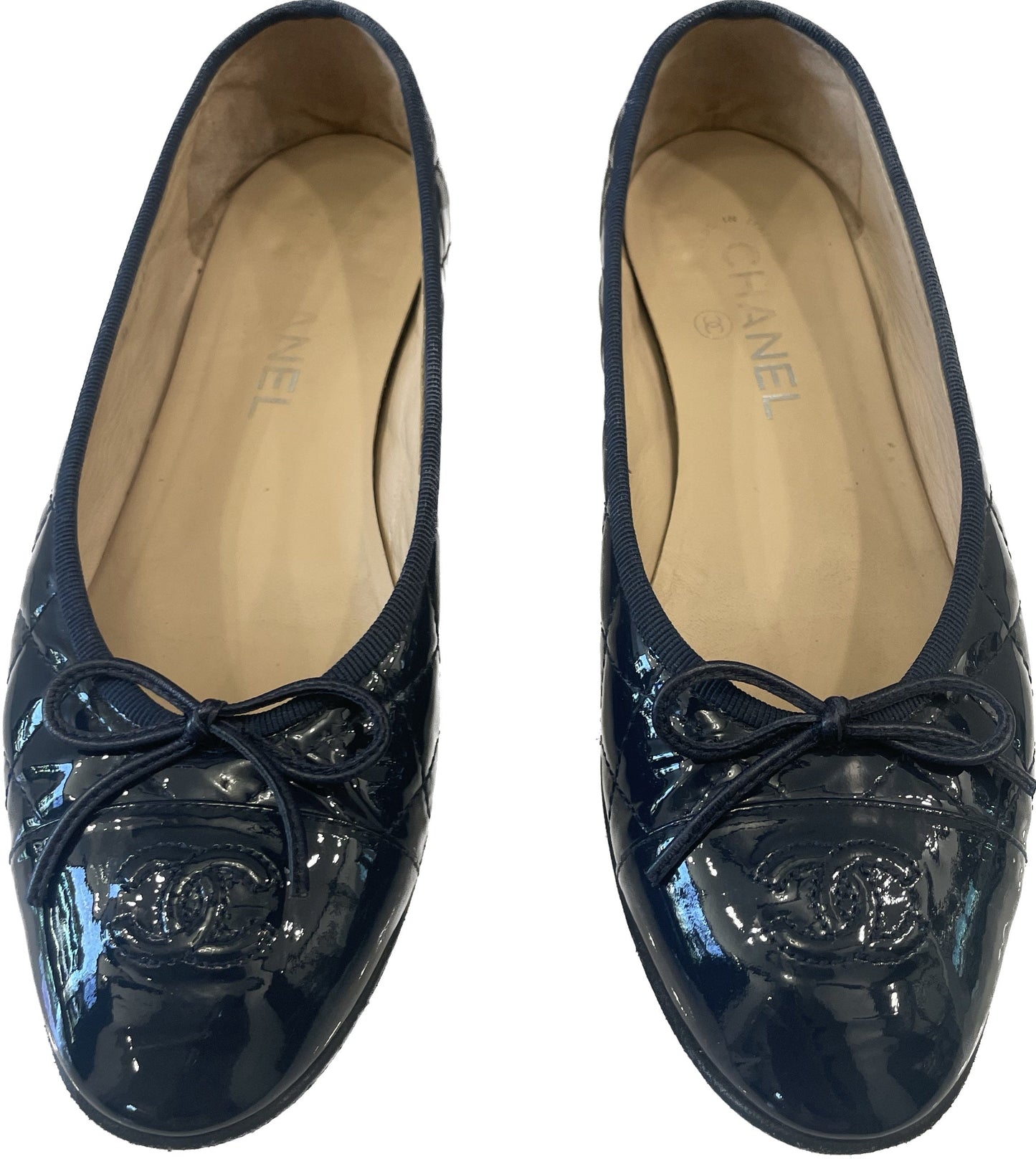 Chanel QUILTED PATENT CC CAP TOE BALLET Leather Hat