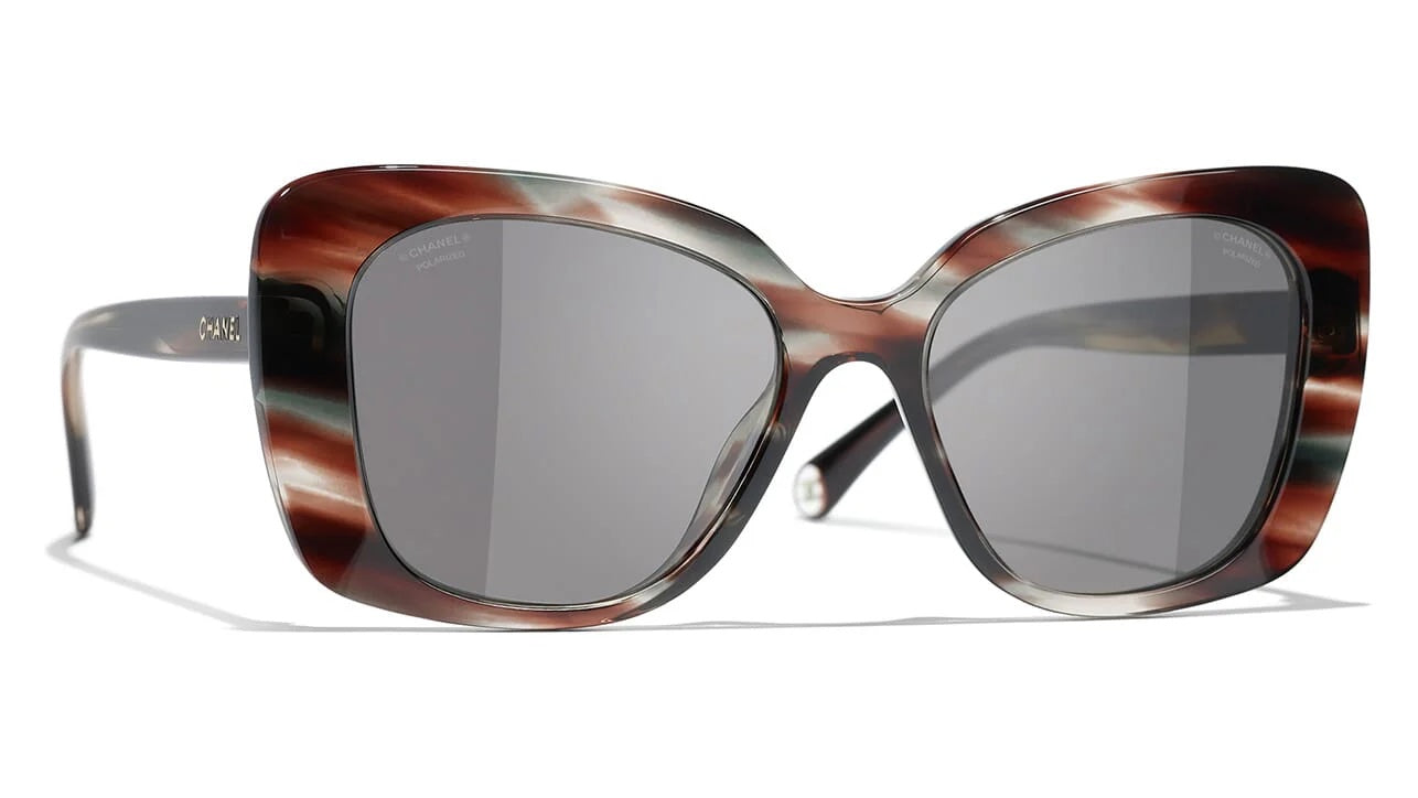 Chanel Crystal Brown Gray Mix Polarized Rectangle Sunglasses Bag
