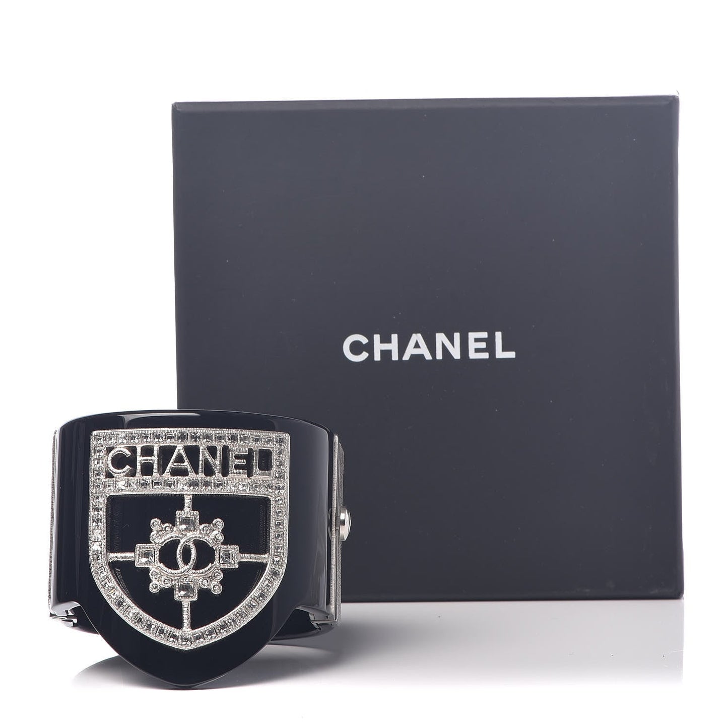 CHANEL RESIN SWAROVSKI BAGUETTE CRYSTAL CC CUFF BRACELET