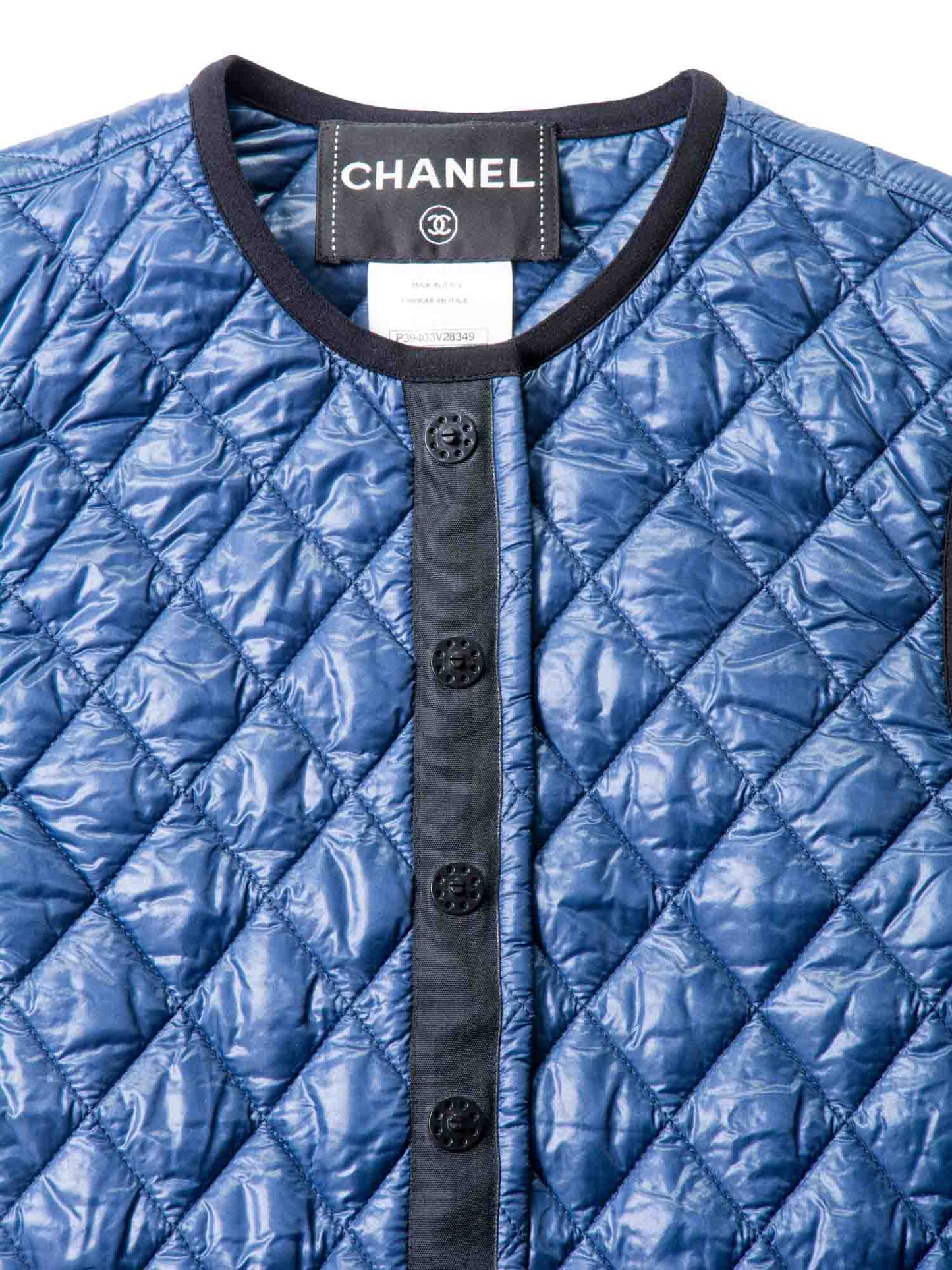 Chanel Runway CC Logo Quilted Puffer Vest Blue Black
