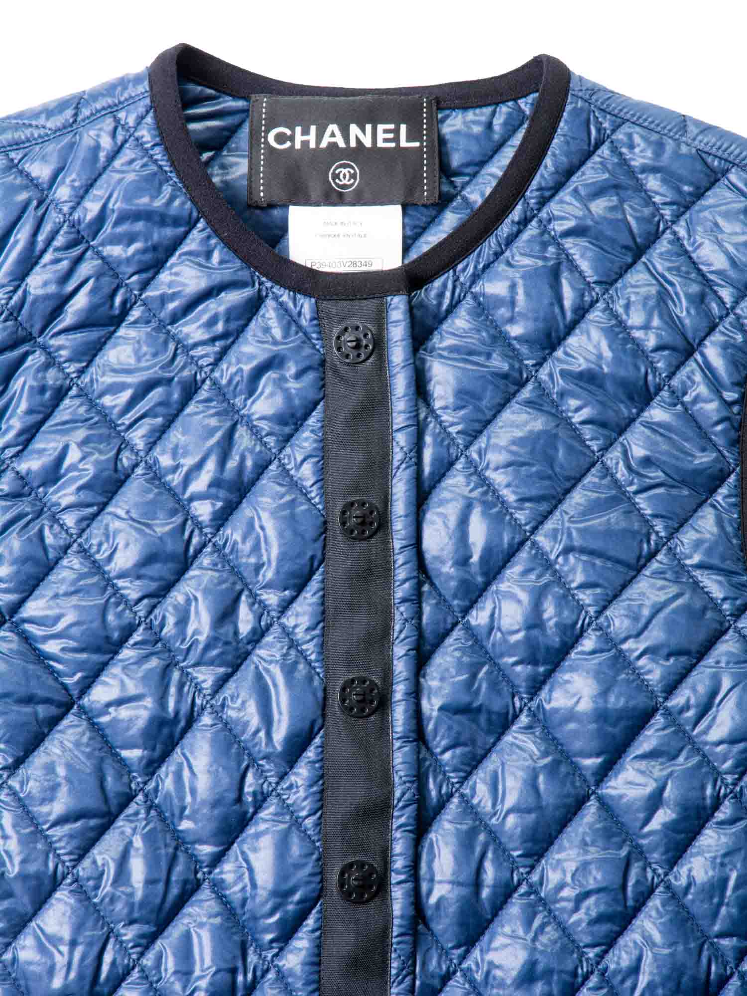 Chanel Runway CC Logo Quilted Puffer Vest Blue Black