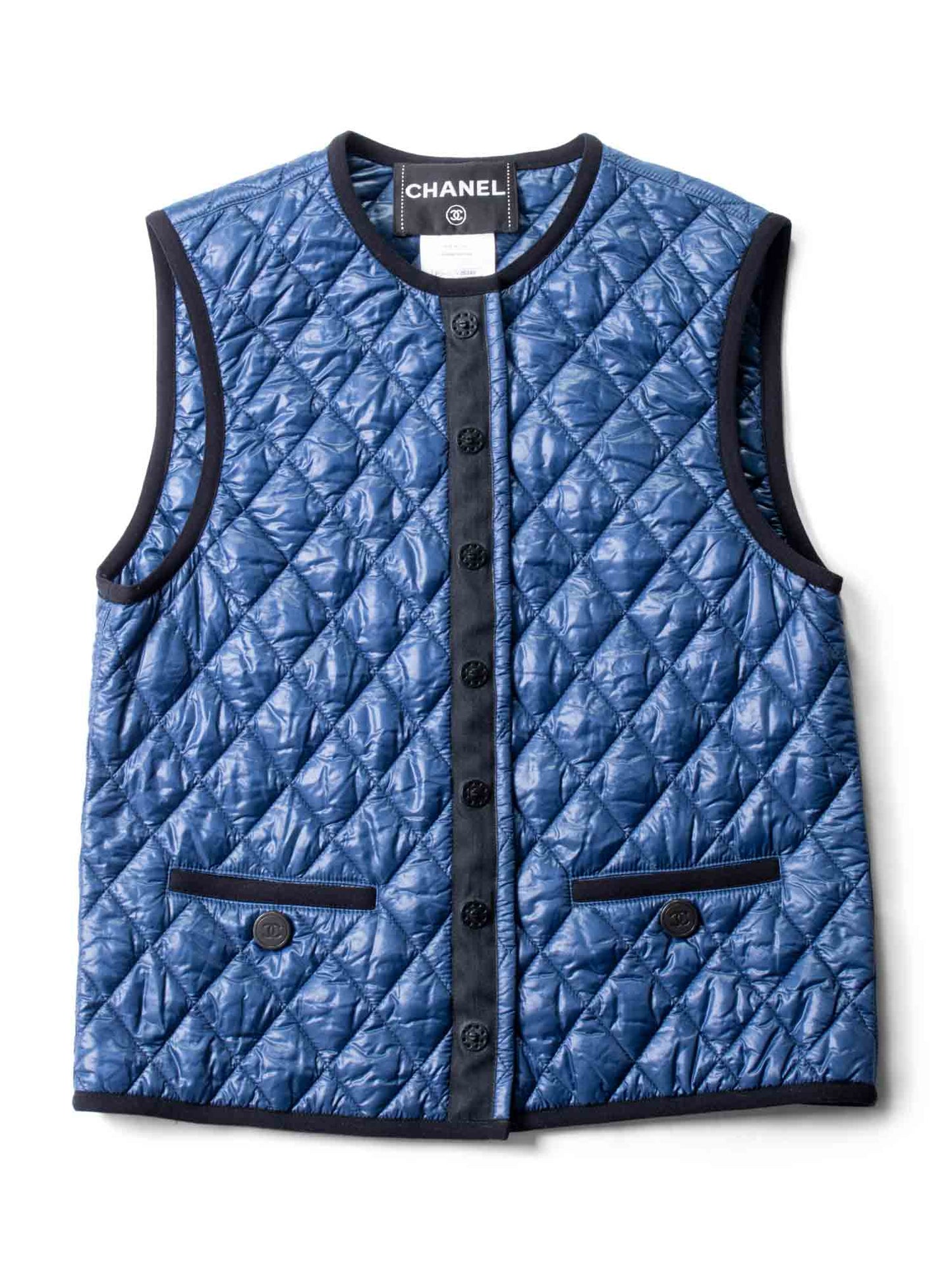 Chanel Runway CC Logo Quilted Puffer Vest Blue Black