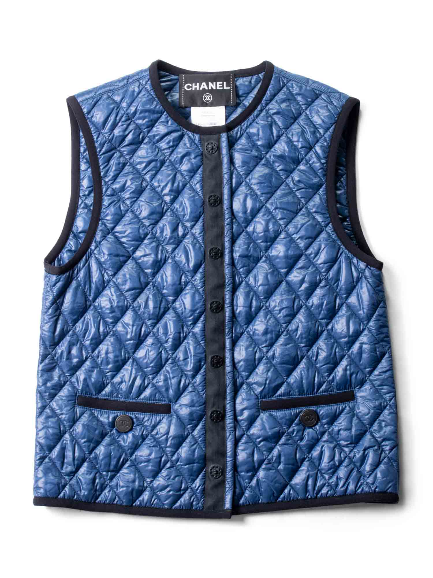 Chanel Runway CC Logo Quilted Puffer Vest Blue Black