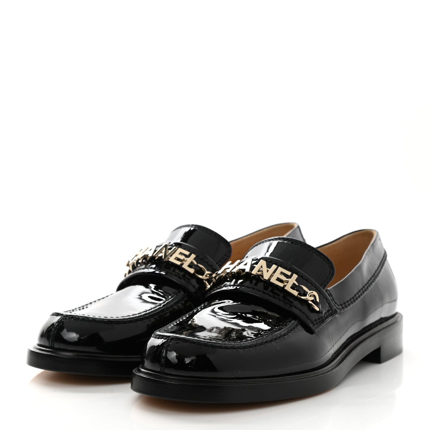 Chanel Shiny Patent Calfskin Logo Loafers for Women