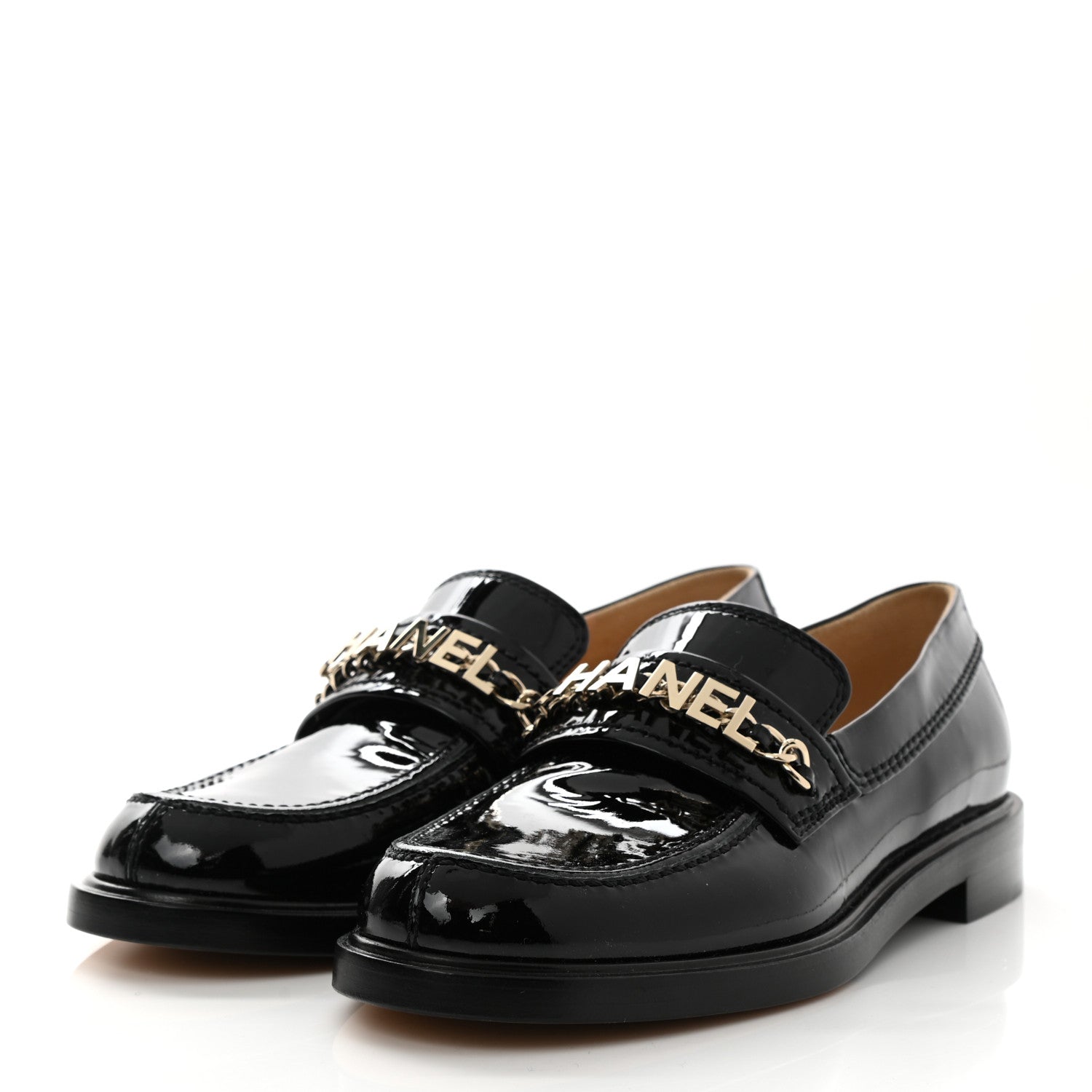 Chanel Shiny Patent Calfskin Logo Loafers for Women