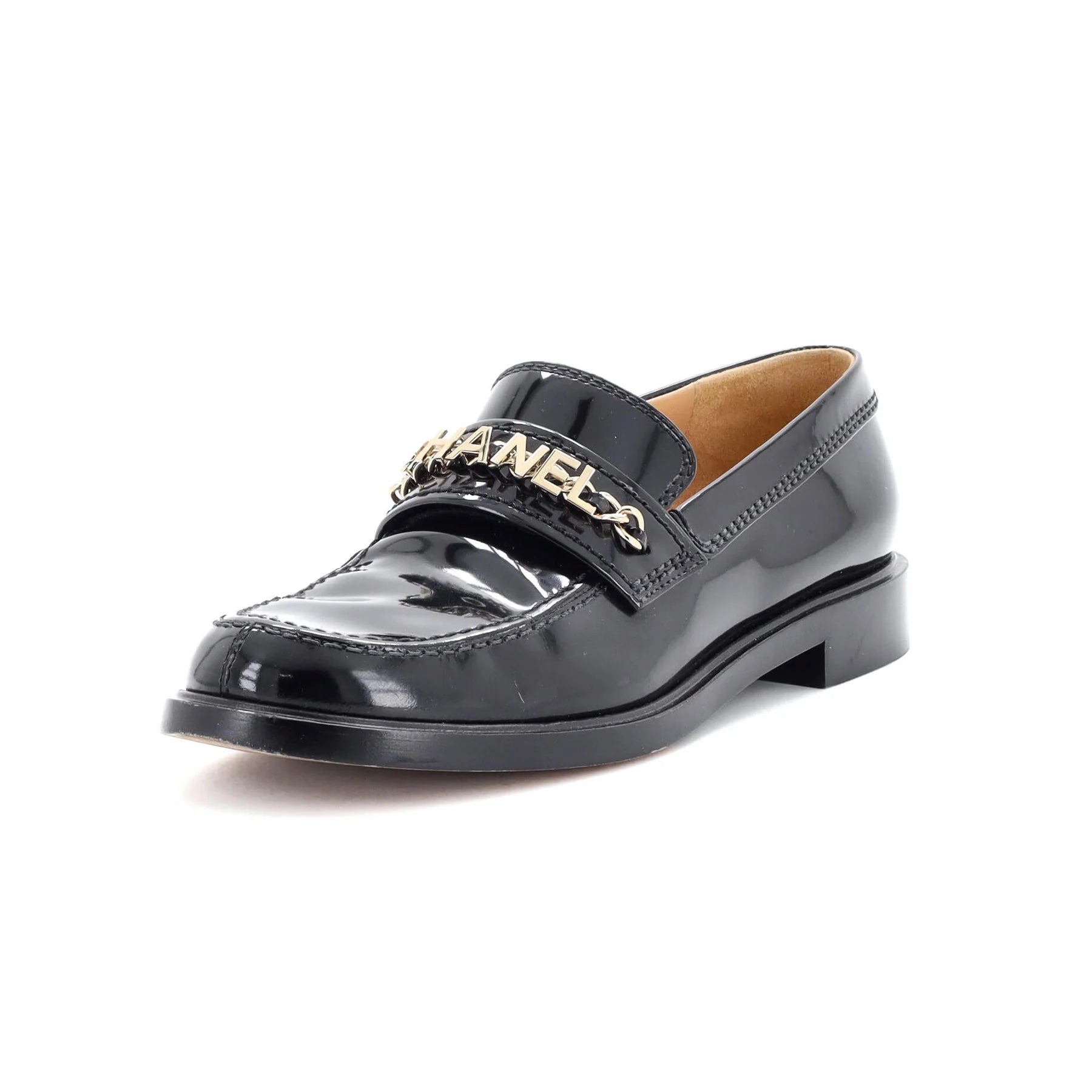 Chanel Shiny Patent Calfskin Logo Loafers for Women