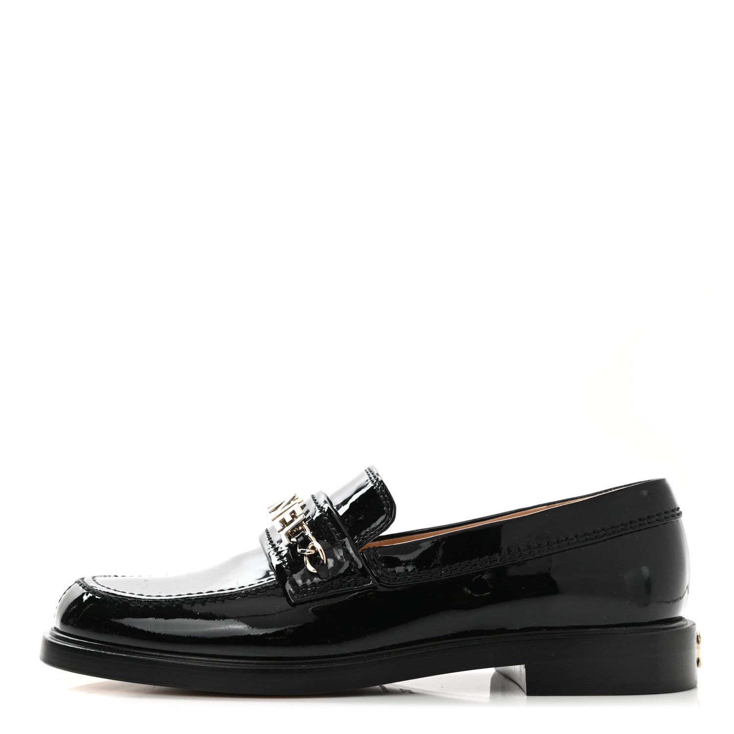 CHANEL SHINY PATENT CALFSKIN LOGO LOAFERS