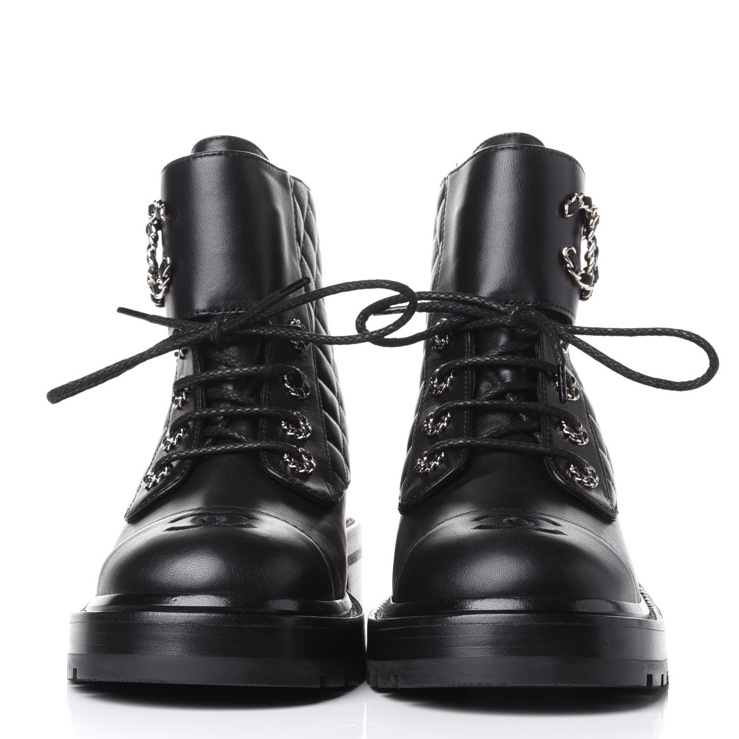 CHANEL SHINY QUILTED GOATSKIN CALFSKIN LACE-UP COMBAT BOOTS