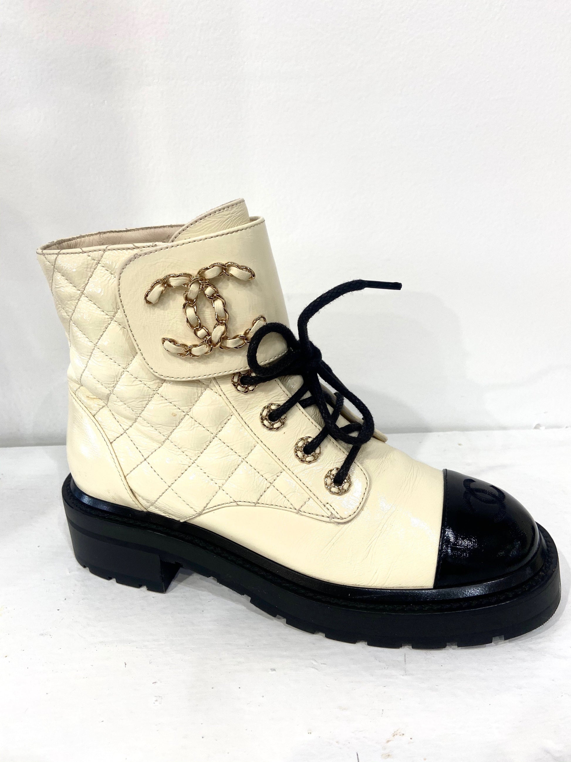 Chanel Shiny Goatskin Quilted Calfskin Lace Up Combat Boots for Women