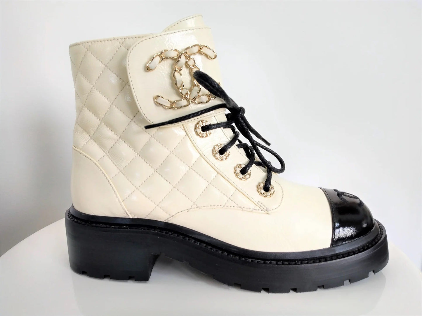 Chanel Shiny Goatskin Quilted Calfskin Lace Up Combat Boots for Women