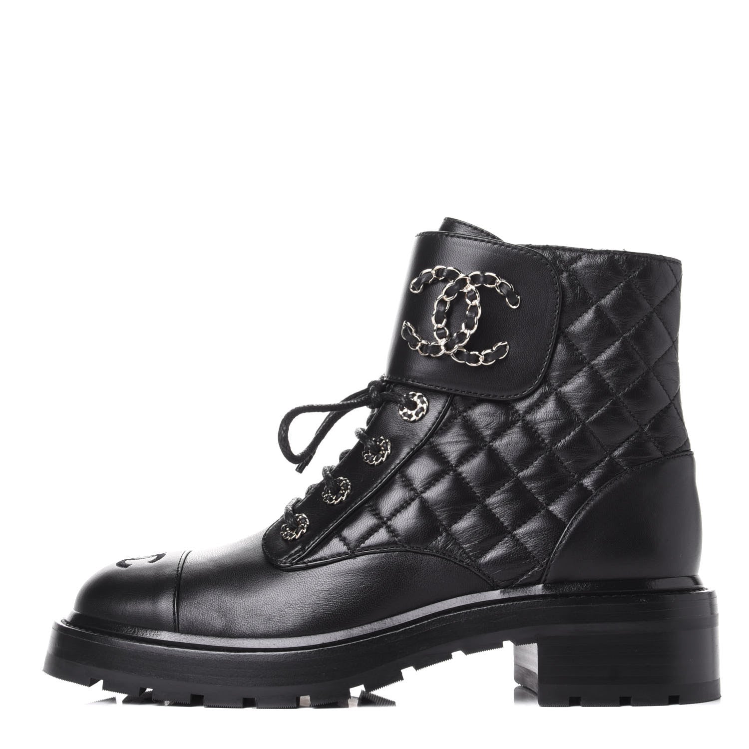 CHANEL SHINY QUILTED GOATSKIN CALFSKIN LACE-UP COMBAT BOOTS
