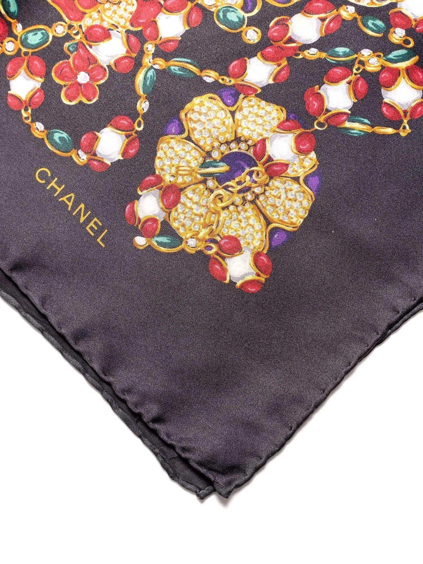 Chanel Silk CC Logo Gripoix Pearl Chain Scarf Multicolor