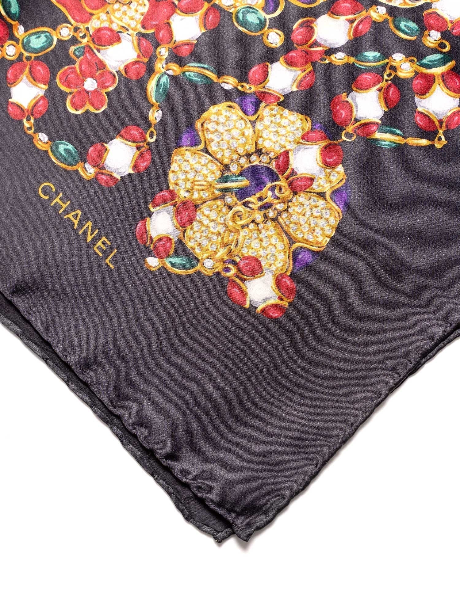 Chanel Silk CC Logo Gripoix Pearl Chain Scarf Multicolor
