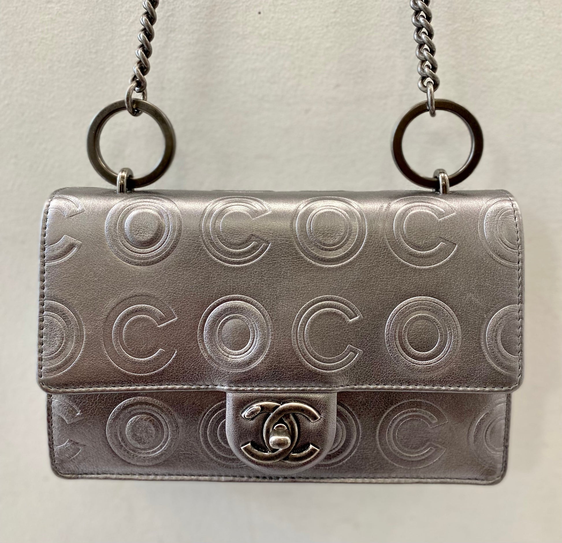 Chanel Silver Metallic Calfskin Coco Embossed Bag